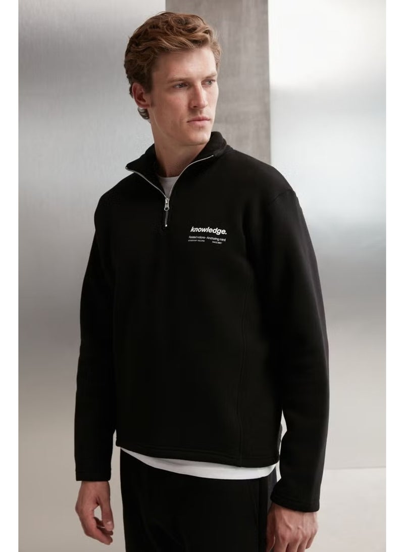 GRIMELANGE Halden Men's Polar Fleece Stand Collar Half Zipper Printed Detail Regular Black Sweatshirt - Image 4